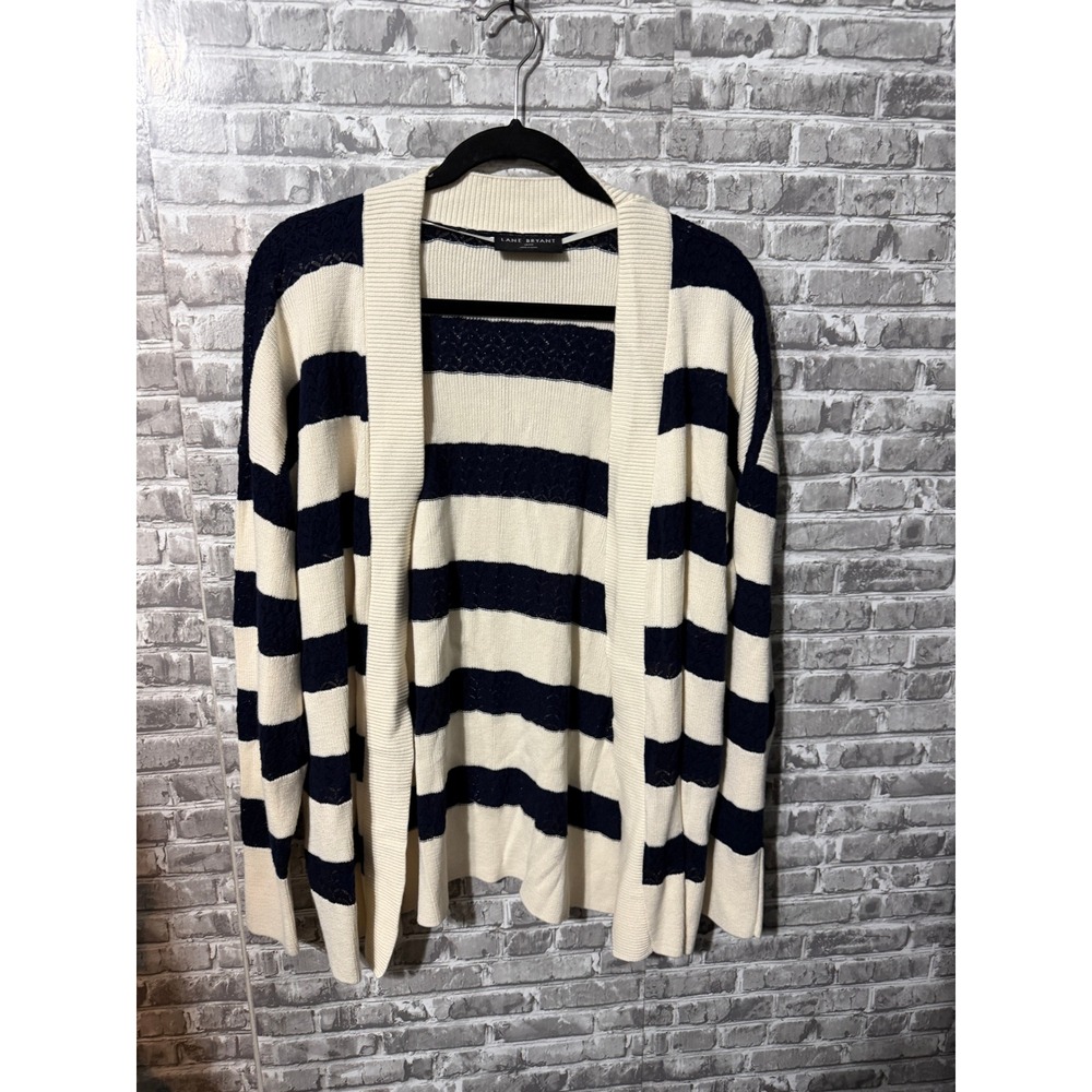 Lane Bryant Womens 18/20 Cardigan Sweater Navy Blue Cream Striped Open Front